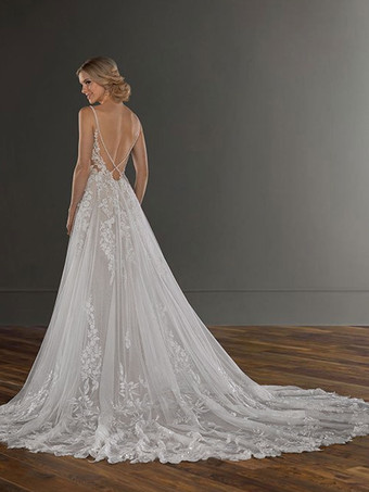 ホワイトレースのウェディングドレスVネックノースリーブバックレストレインレースチュールロングブライダルガウン