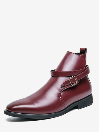 ワインレッド メンズブーツ 素敵なラウンドトゥ PUレザー チェルシーブーツ