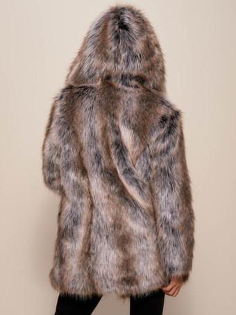 Women's Faux Fur Coat Hooded Winter Midi Outerwear 2023 - Milanoo.com