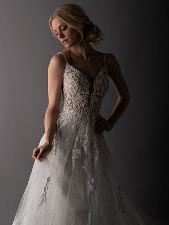 ホワイトレースのウェディングドレスVネックノースリーブバックレストレインレースチュールロングブライダルガウン