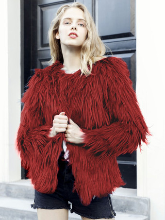 ワインレッド フェイクファーコート 冬 ショート エコフレンドリー ファーコート レディース 2025