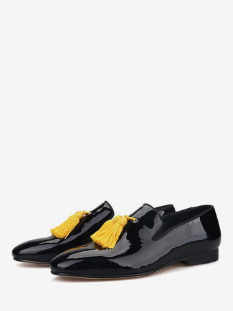 ブラック メンズローファーシューズ人気の花アートワークスリッポンスクエアトゥPUレザーブラックローファー