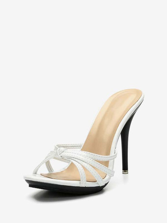 ホワイト スリッパヒールサンダル スリップオンスティレット キトンヒール レディース