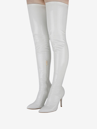 ホワイト サイハイ ブーツ スティレットヒール パテント ブライト レザー レディース