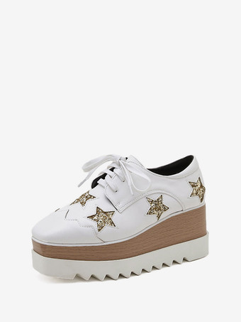 ホワイト オックスフォードシューズ　歩きやすい　レースアップ　レディース靴　ローヒール　7.5cm　ウェッジソール　スクエアトゥ　