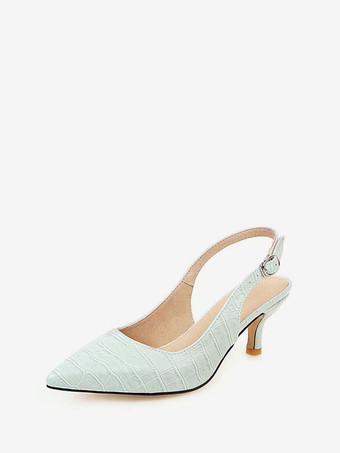 ブルー 子猫のかかとは女性のための黄色の尖ったつま先のスリングバックスチレットヒールパンプス