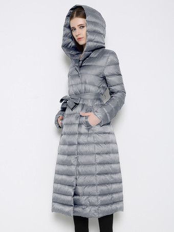 グレイフード付きダウン コート キルティング ベルト付き冬アウター女性用
