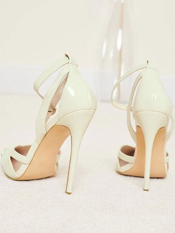 女性のためのハイヒールスティレットヒールPUレザーエリックホワイトアンクルストラップヒール