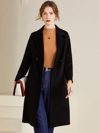 noir Manteau en laine pour femme classique à revers crantés vêtement d'extérieur mi-long confortable pour l'hiver 2025