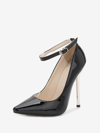 Black Sexy Ankle Strap Heels Black Pointed Toe Stiletto Heel Pumps For Women