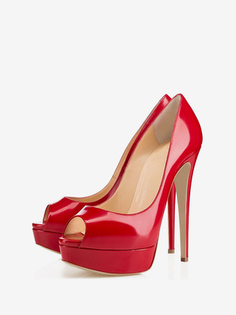 Peep Toe scarpin sapatos de saltos altos vermelhos escorregar na plataforma PU patente festas sapatos para mulheres