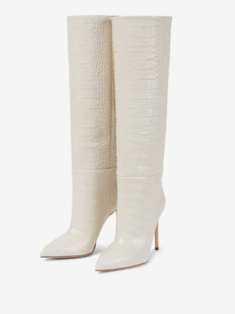 アイボリー ピンクのニーハイブーツ女性スティレットワイドカーフブーツスネークパターン明るいレザー