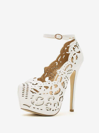 ホワイト パンプス 厚底 プラットフォーム ブラック ピンヒール アーモンドトゥ PU シューズ 15cm 無地 レイブ・クラブ パーティー キャバ イベント フォーマル アンクルストラップ レディース靴 セクシーハイヒール