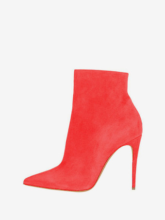 レッド ブーティ ハイヒール スエード ポインテッド トゥ アンクル ブーツ ジッパー付き 女性 ブラック