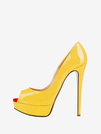 イエローパンプス ピンヒール 靴の甲の素材：パテント PU ピープトゥシューズ イエロー スリップオン 厚底 プラットフォーム 14cm シック＆モダン シューズ パーティー キャバ 2次会 二次会 結婚式 無地 厚底シューズ パーティー レディース靴