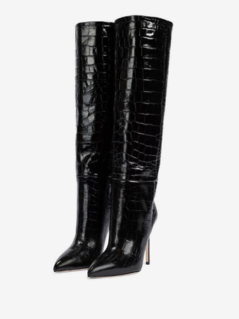 ブラック ピンクのニーハイブーツ女性スティレットワイドカーフブーツスネークパターン明るいレザー