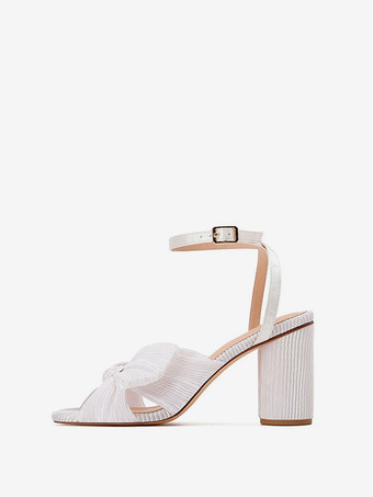 女性の弓結婚式のサンダルブロックヒールプロムシューズホワイトホームカミングシューズ