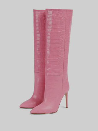 ピンクのニーハイブーツ女性スティレットワイドカーフブーツスネークパターン明るいレザー