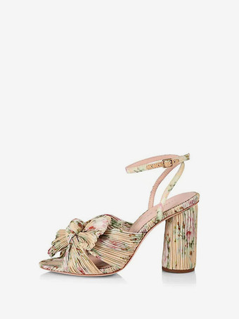 ライト アプリコット女性の弓結婚式のサンダルブロックヒールプロムシューズホワイトホームカミングシューズ