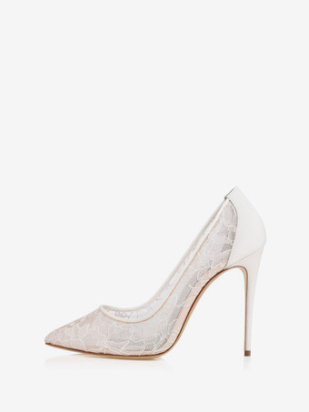 ホワイト レディース レース ブライダル パンプス スティレットヒール ポインテッドトゥ ブラックヒール