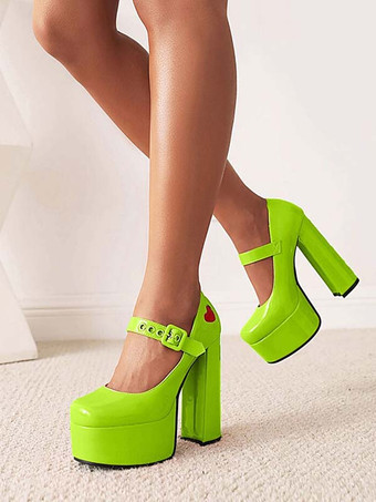 ライトグリーン 女性のハイヒールメタルディテールアートワークパンプススクエアトゥチャンキーヒールPUアッパー