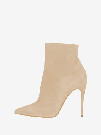 アプリコットブーティ ハイヒール スエード ポインテッド トゥ アンクル ブーツ ジッパー付き 女性 ブラック