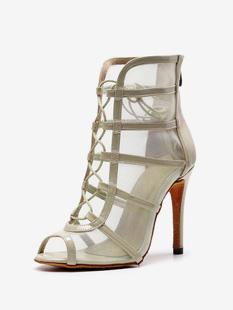 アプリコット女性用 社交ダンスラテンシューズ ピープトゥ ピンヒール ブラック ジッパー ラグジュアリー サルサダンスシューズ