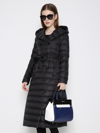 ブラック フード付きダウン コート キルティング ベルト付き冬アウター女性用