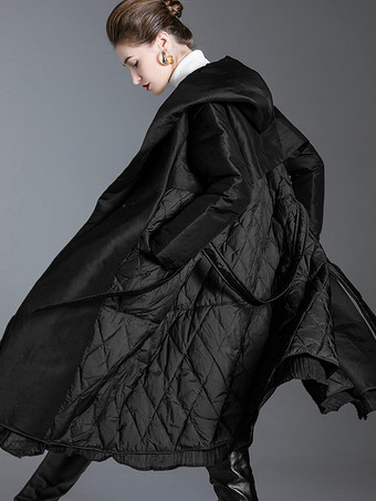 ブラック ダウン コート フード付き ベルト付き ロング 冬 アウターウェア 女性用