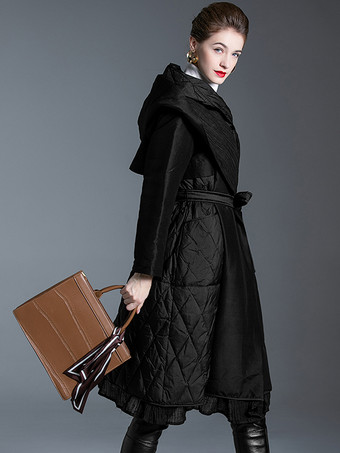 ブラック ダウン コート フード付き ベルト付き ロング 冬 アウターウェア 女性用