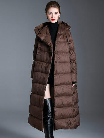 Down Coat Khaki Hooded Long Winter Outerwear For Women
