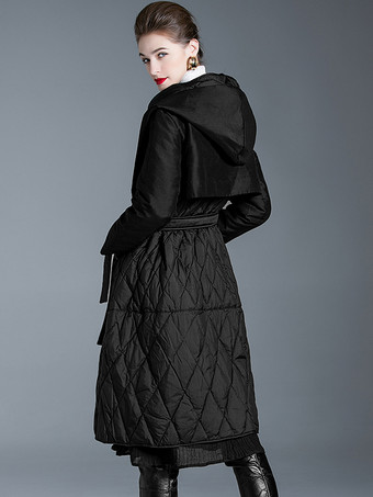 ブラック ダウン コート フード付き ベルト付き ロング 冬 アウターウェア 女性用