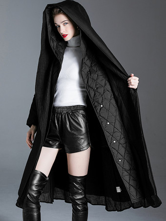 ブラック ダウン コート フード付き ベルト付き ロング 冬 アウターウェア 女性用