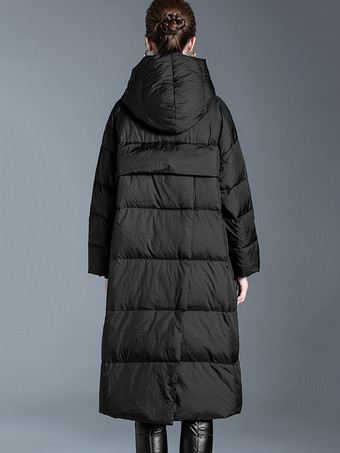 ブラック ダウン コート フード付き ロング パファー 冬 アウターウェア 女性用