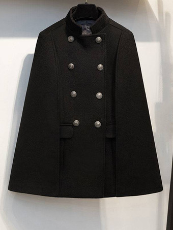 ウールポンチョコート スタンドカラー ダブルブレスト レディース ケープ アウター