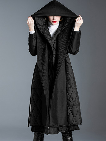 ブラック ダウン コート フード付き ベルト付き ロング 冬 アウターウェア 女性用