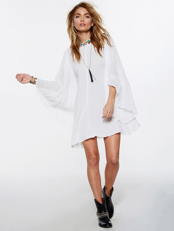 Boho-Kleid mit V-Ausschnitt  halben Ärmeln  Weiß  bestickter V-Rücken  böhmisches Zigeuner-Strandurlaub  Sommer  kurzes Etuikleid für Frauen