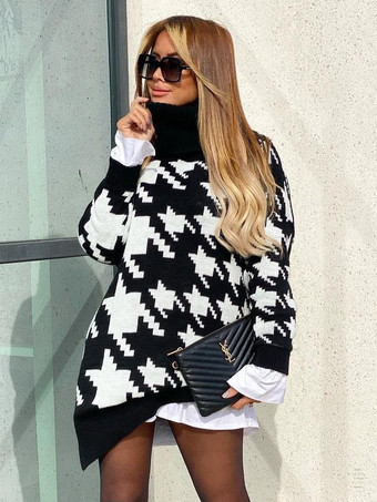 女性のプルオーバーのセーター黒の幾何学的なハイカラー長袖ポリエステル セーター