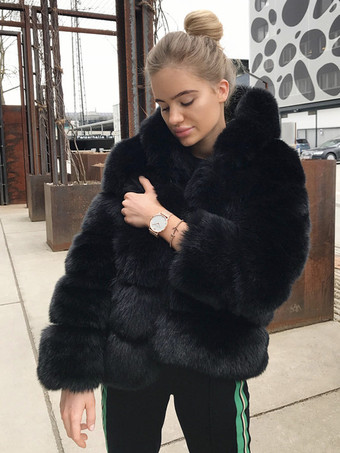 ブラック フード付きフェイクファーコート 暖かい冬 2025 ショート丈 プラッシュ エコフレンドリー レディースファーコート