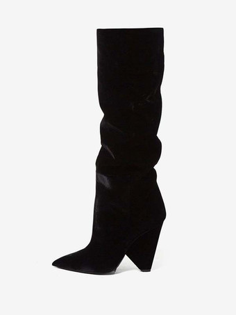 Women's Slouch Boots Black Pointed Toe Suede Knee High Boots