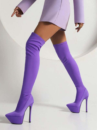 パープル 女性の太もものハイブーツ尖ったつま先のスティレットヒール膝のブーツの上に伸縮性