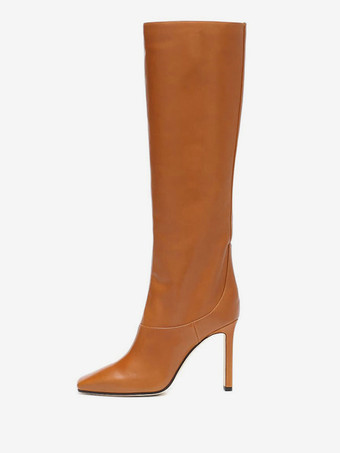 ブラウン レディース バーガンディ ブーツ スクエアトゥ チャンキーヒール ニーハイ ブーツ