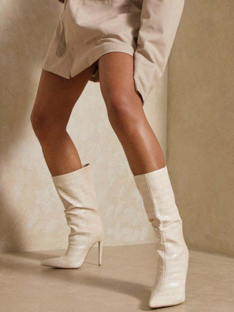アイボリー 女性ミッドカーフブーツエクリュホワイトPUレザーポインテッドトゥスティレットヒールブーツ