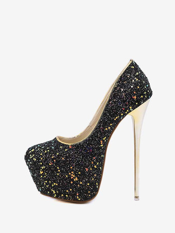 ブラック 女性ハイヒールスチレットヒールパンプススパンコールクロスライトピンクスカイハイヒール