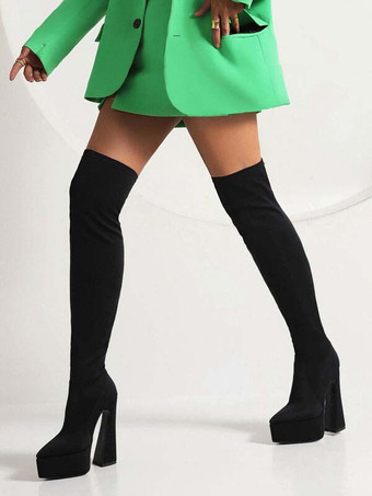 レディースオーバーニーブーツプラットフォーム弾性ポインテッドトゥチャンキーヒールサイハイブーツ