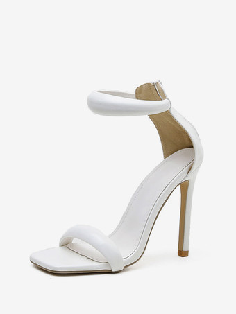 ホワイト 女性のフグ アンクル ストラップ スティレット ウエディング ヒール サンダル ブライドメイド シューズ