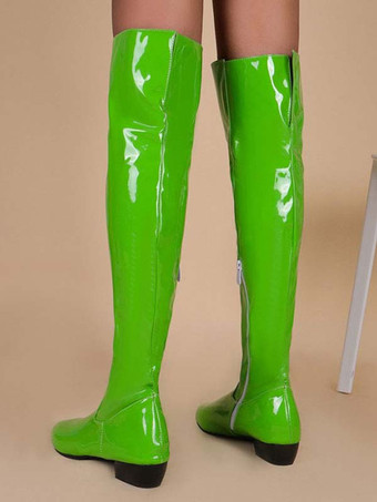 グリーン 女性のフラット ブーツ スティレット ヒール PU レザー サイハイ ブーツ