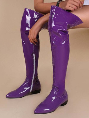 パープル 女性のフラット ブーツ スティレット ヒール PU レザー サイハイ ブーツ