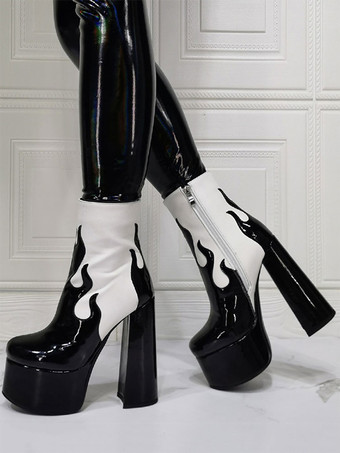 ブラック メンズセクシーブーツ フレイムツートン アンクルブーツ プラットフォーム チャンキーヒール