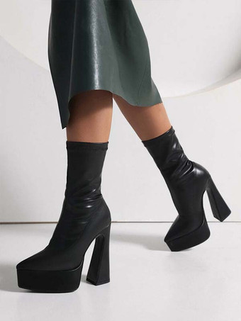 Botas de tobillo para mujeres negros botines de talón grueso con punta de punta